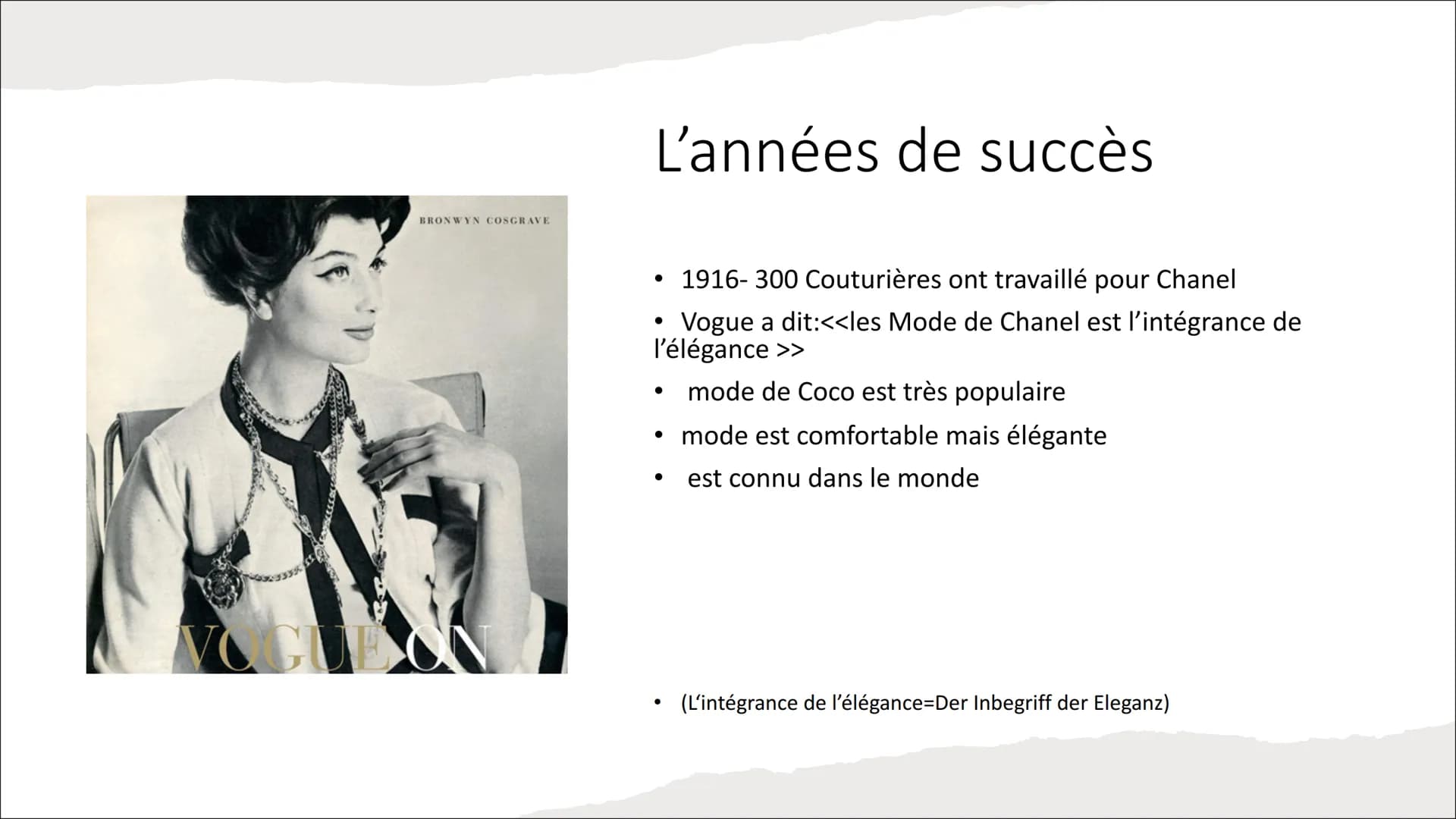 Coco Chanel
<<Je ne fais pas de mode. Je
suis la mode.>>
Coco Chanel
●
● Contenu
●
●
●
L'années de succès
Les années de la guerre
Les années