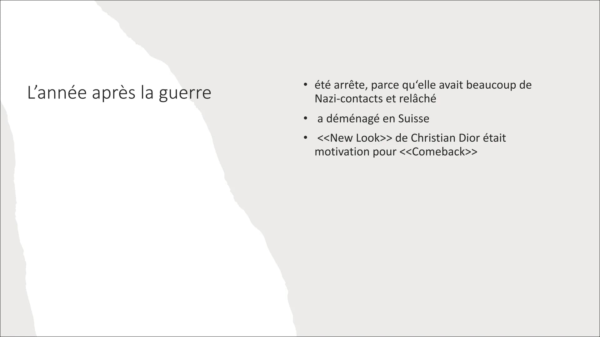 Coco Chanel
<<Je ne fais pas de mode. Je
suis la mode.>>
Coco Chanel
●
● Contenu
●
●
●
L'années de succès
Les années de la guerre
Les années