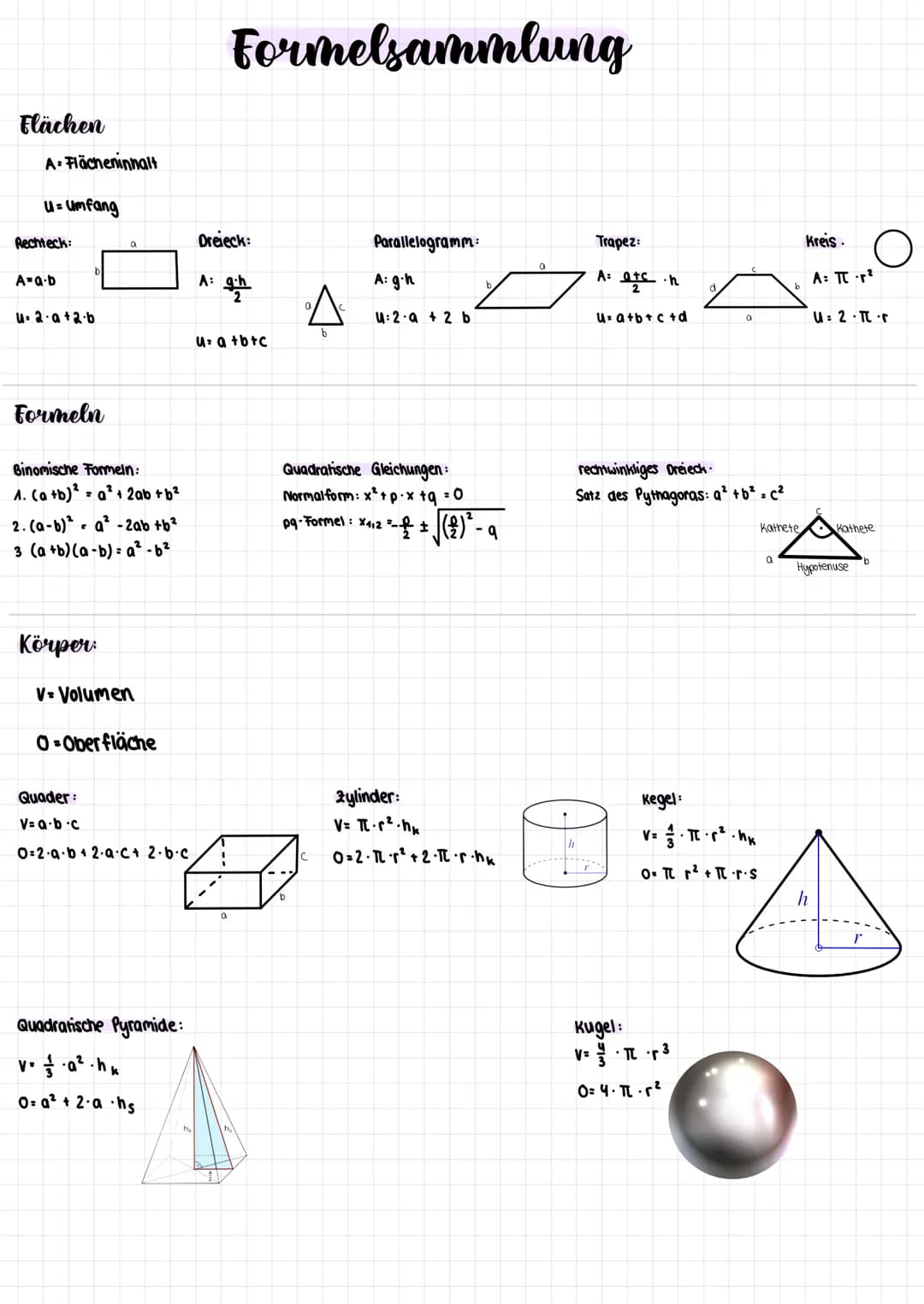 Flächen
A.Flächeninhalt
u= umfang
Rechteck:
A=a.b
b
u. 2·a+2.b
Formeln
Binomische Formein:
A. (a +b)² = a² + 2ab + b²
2. (a-b)² a² - 2ab +b²