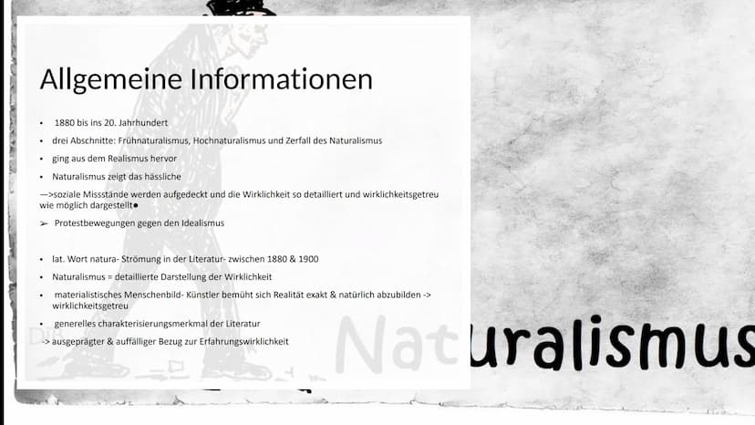 Naturalismus
Der Naturalismus befasst sich in Literatur und
Theater mit Gesellschafts- und Naturbeobachtung
und Darstellung aktueller Zeitpr