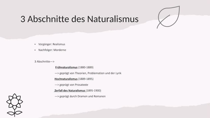 Naturalismus
Der Naturalismus befasst sich in Literatur und
Theater mit Gesellschafts- und Naturbeobachtung
und Darstellung aktueller Zeitpr