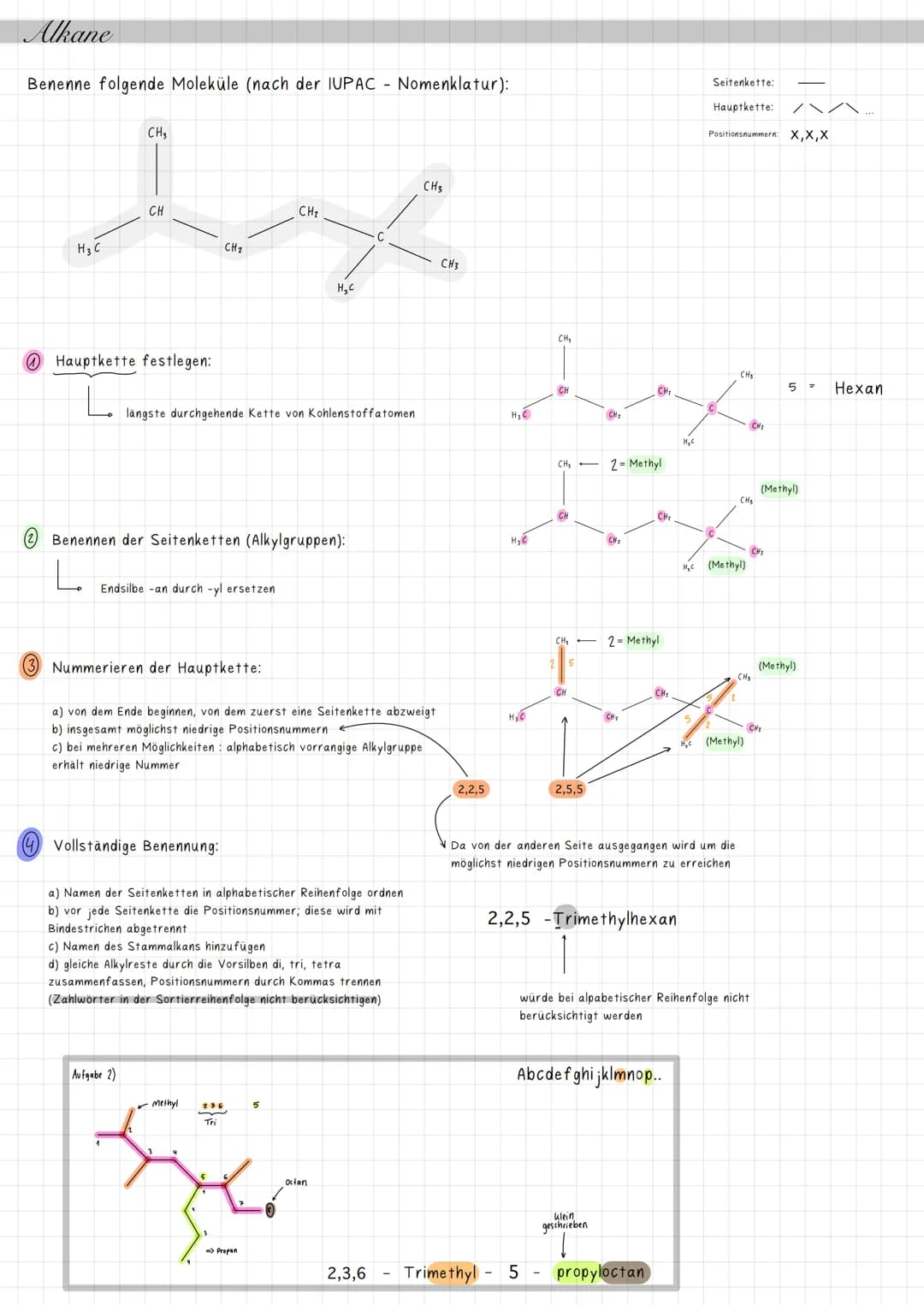 Alkane
Benenne folgende Moleküle (nach der IUPAC - Nomenklatur):
H3 C
CH3
Hauptkette festlegen:
CH
Aufgabe 2)
1
2 Benennen der Seitenketten 