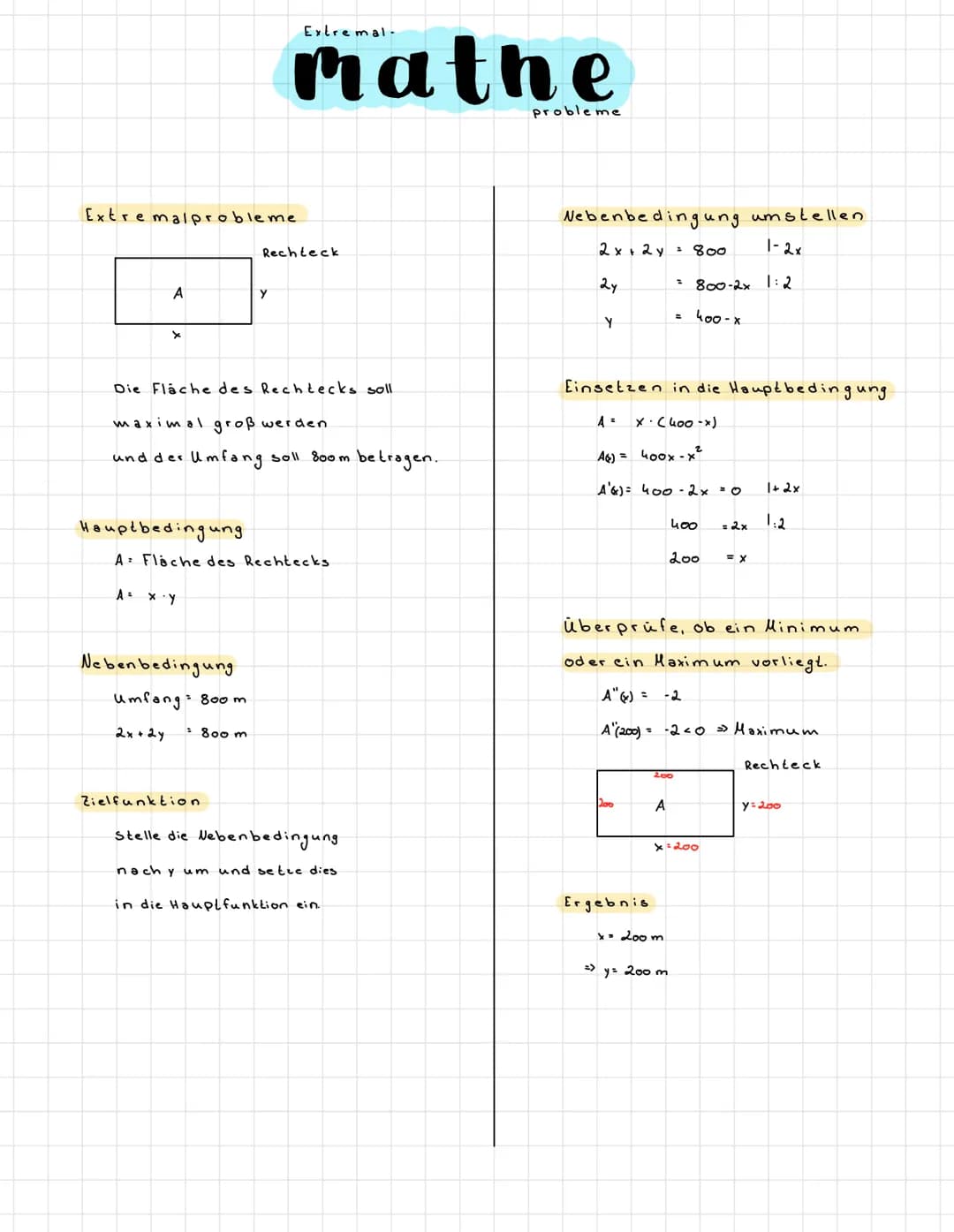 A
Extremalprobleme.
Hauptbedingung
Extremal-
Nebenbedingung
Umfang: 800 m.
: 800 m
2x + 2y
mathe
Y
Die Fläche des Rechtecks soll
maximal gro