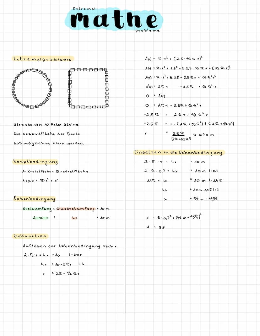 A
Extremalprobleme.
Hauptbedingung
Extremal-
Nebenbedingung
Umfang: 800 m.
: 800 m
2x + 2y
mathe
Y
Die Fläche des Rechtecks soll
maximal gro