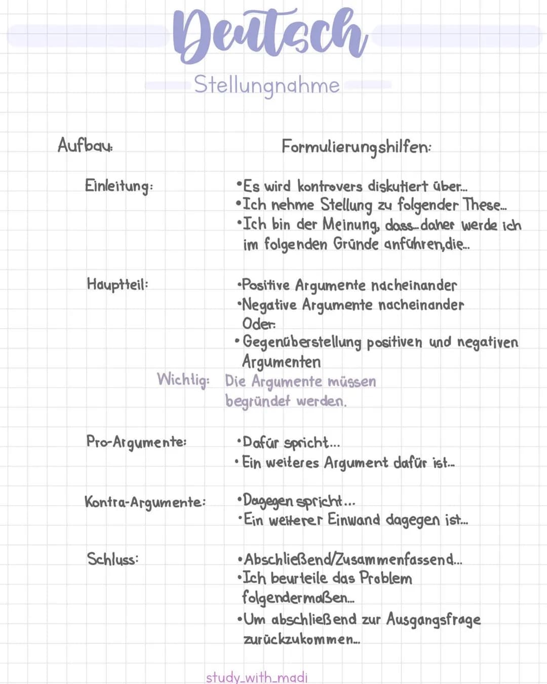 Aufbau:
Einleitung:
Hauptteil:
Deutsch
Stellungnahme
Pro-Argumente:
Schluss:
Kontra-Argumente:
Formulierungshilfen:
Es wird kontrovers disku