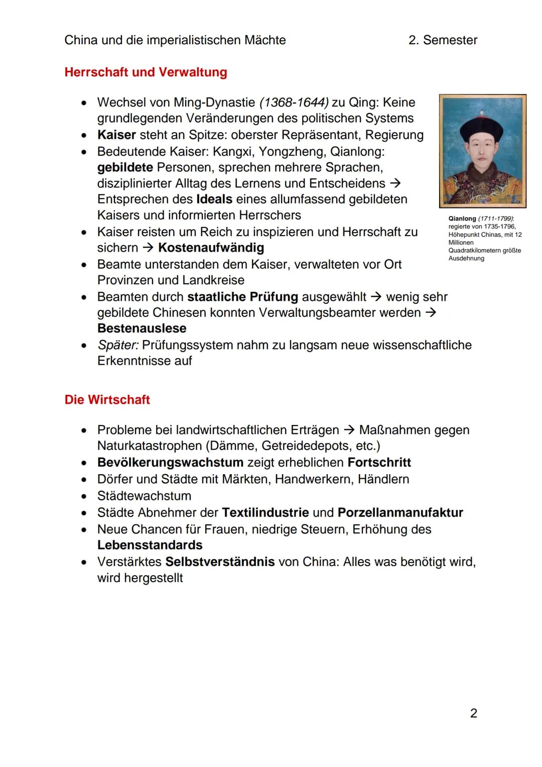 China und die imperialistischen Mächte
2. Semester
Die Blütezeit der Qing-Dynastie
Eine neue Dynastie
• Chinesische Geschichte: Keine Epoche