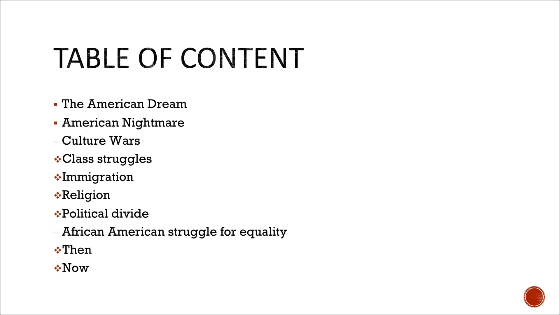 AMERICAN MYTHS
AND REALITIES TABLE OF CONTENT
■
The American Dream
▪ American Nightmare
- Culture Wars
+Class struggles
*Immigration
❖Religi