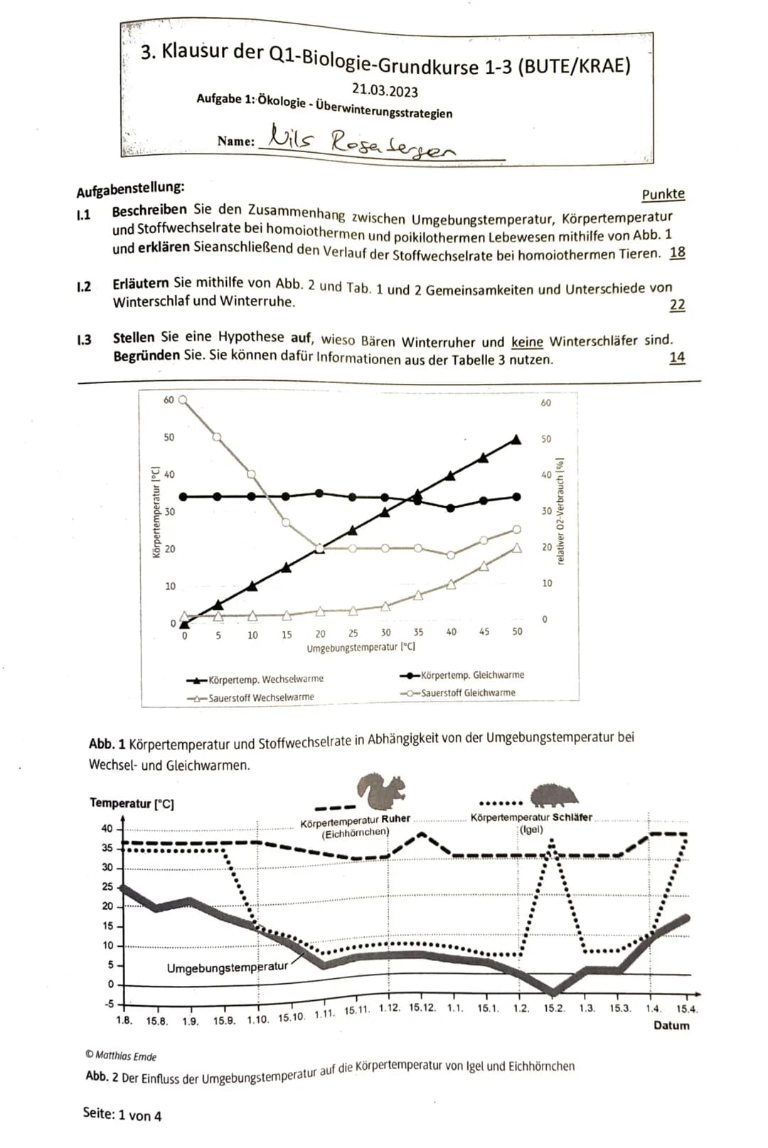 3. Klausur der Q1-Biologie-Grundkurse 1-3 (BUTE/KRAE)
21.03.2023
Aufgabe 1: Ökologie - Überwinterungsstrategien
Name:
Nils Rosa Serger
Aufga