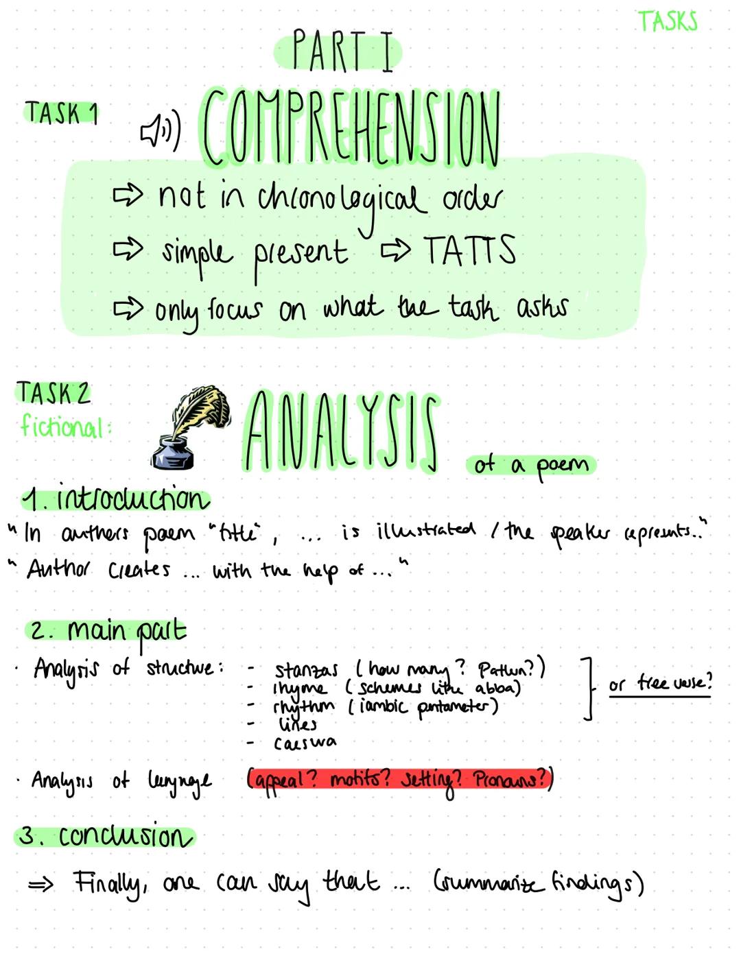 TASKS

PART I

TASK 1) COMPREHENSION
- not in chronological order
- simple present ⇒ TATTS
- only focus on what the task asks

TASK 2
fictio