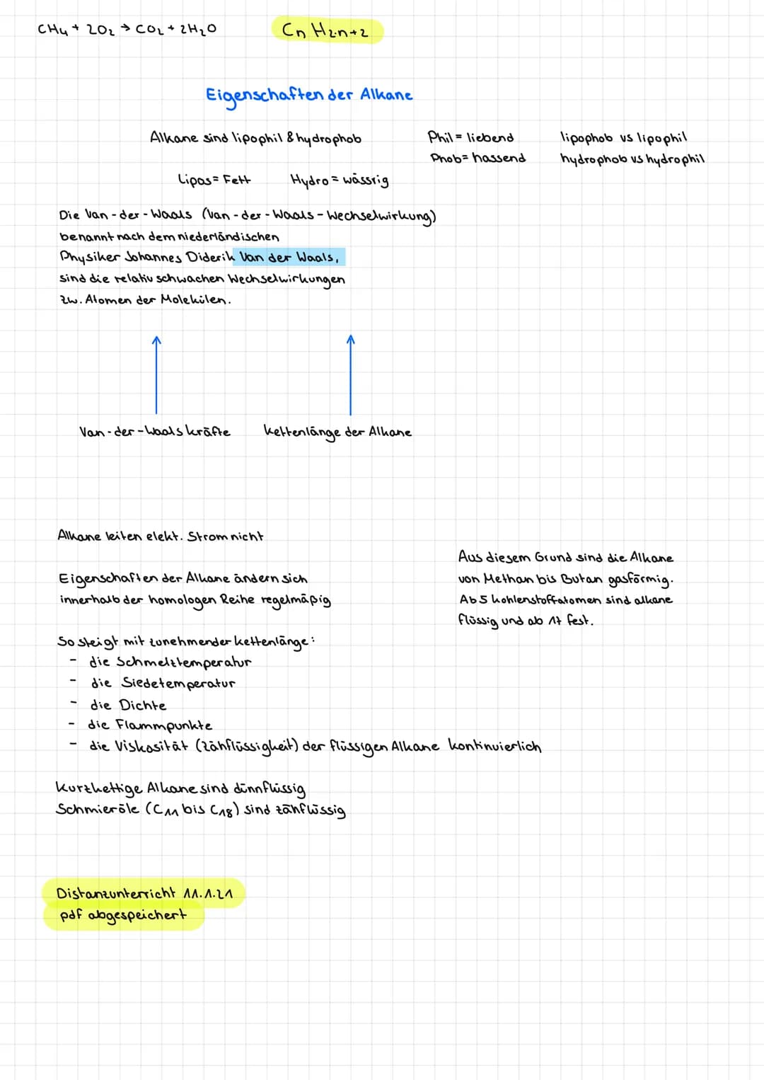 CHY+20₂ CO₂ + 2H₂O
Eigenschaften de
Alkane sind lipophil & hydrophob
Lipos= Fett
Van-der-Waals kräfte
Cn H2n-2
Hydro= wässrig
Die van -der-W