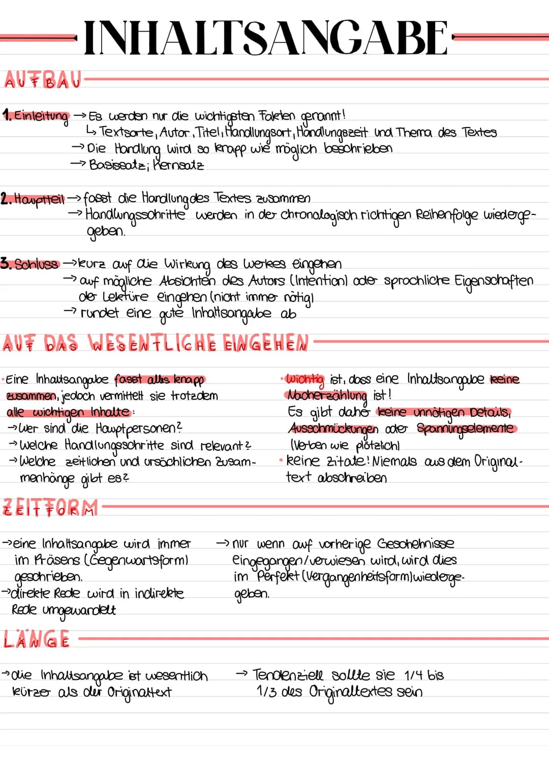INHALTSANGABE
AUFBAU
1. Einleitung → Es werden nur die wichtigsten Fakten genannt!
↳ Textsorte, Autor, Titel, Handlungsort, Handlungszeit un