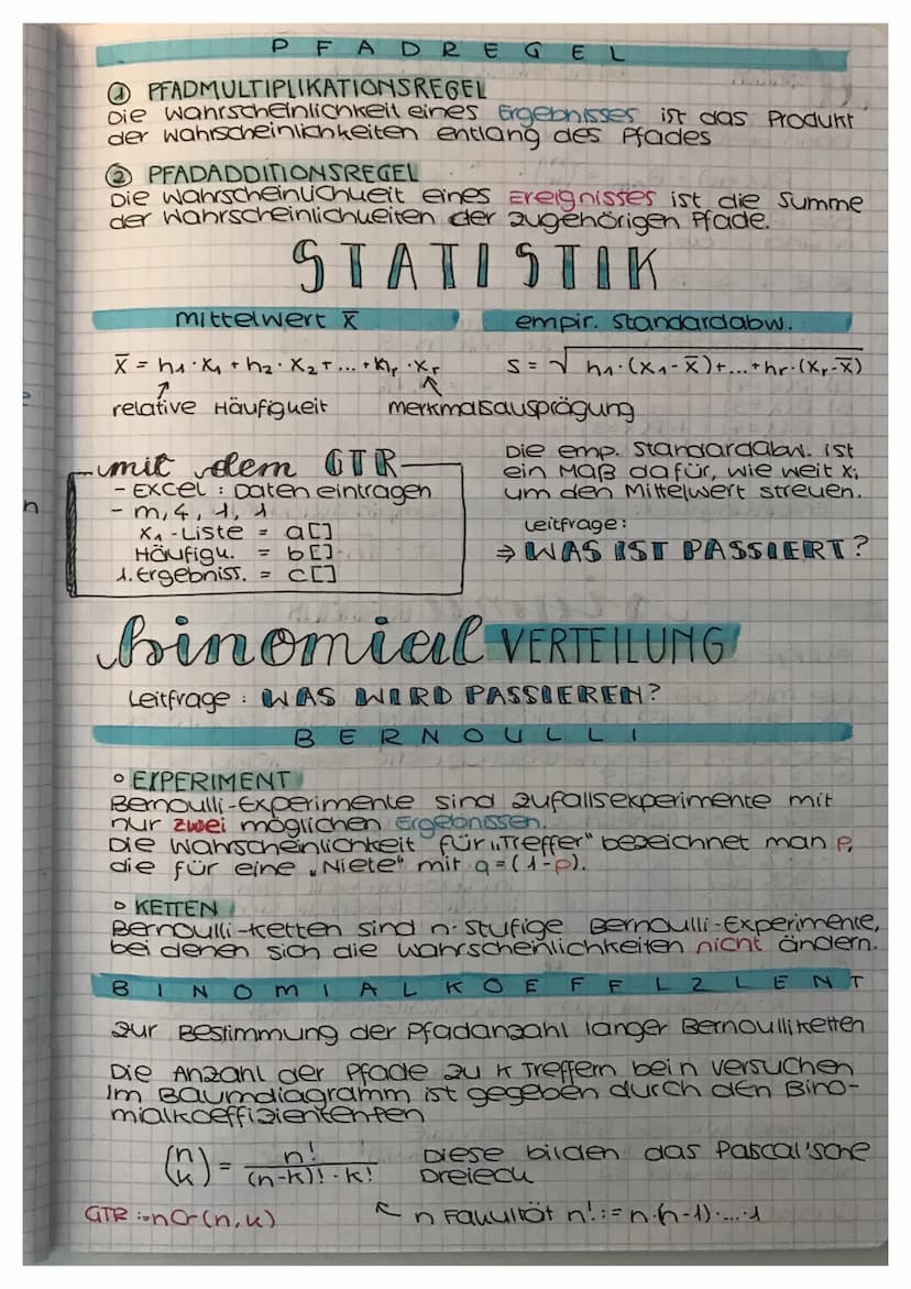 GRUNDBEGRIFFE
Zufallsexperiment (Def.)
Zufallsgröße (Def.)
Ergebnis/Ereignis (Def.)
Gegenwahrscheinlichkeit
Baumdiagramme
Pfadreger
Summenre