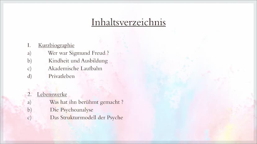 SIGMUND FREUD
Von Thalia Kramny
(Pädagogik) I. Kurzbiographie
a)
b)
c)
d)
2.
a)
b)
c)
Inhaltsverzeichnis
Wer war Sigmund Freud?
Kindheit und
