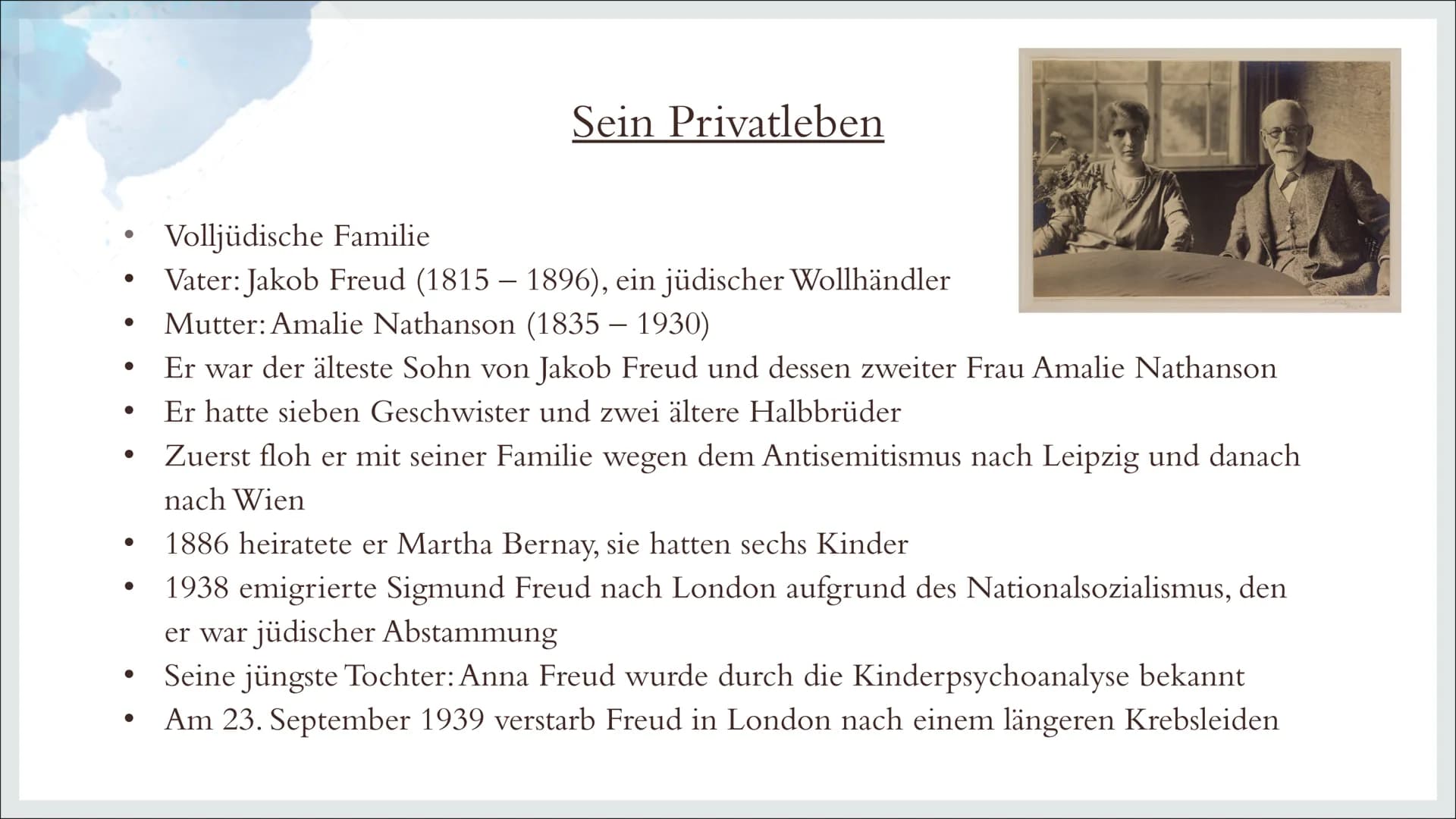 SIGMUND FREUD
Von Thalia Kramny
(Pädagogik) I. Kurzbiographie
a)
b)
c)
d)
2.
a)
b)
c)
Inhaltsverzeichnis
Wer war Sigmund Freud?
Kindheit und