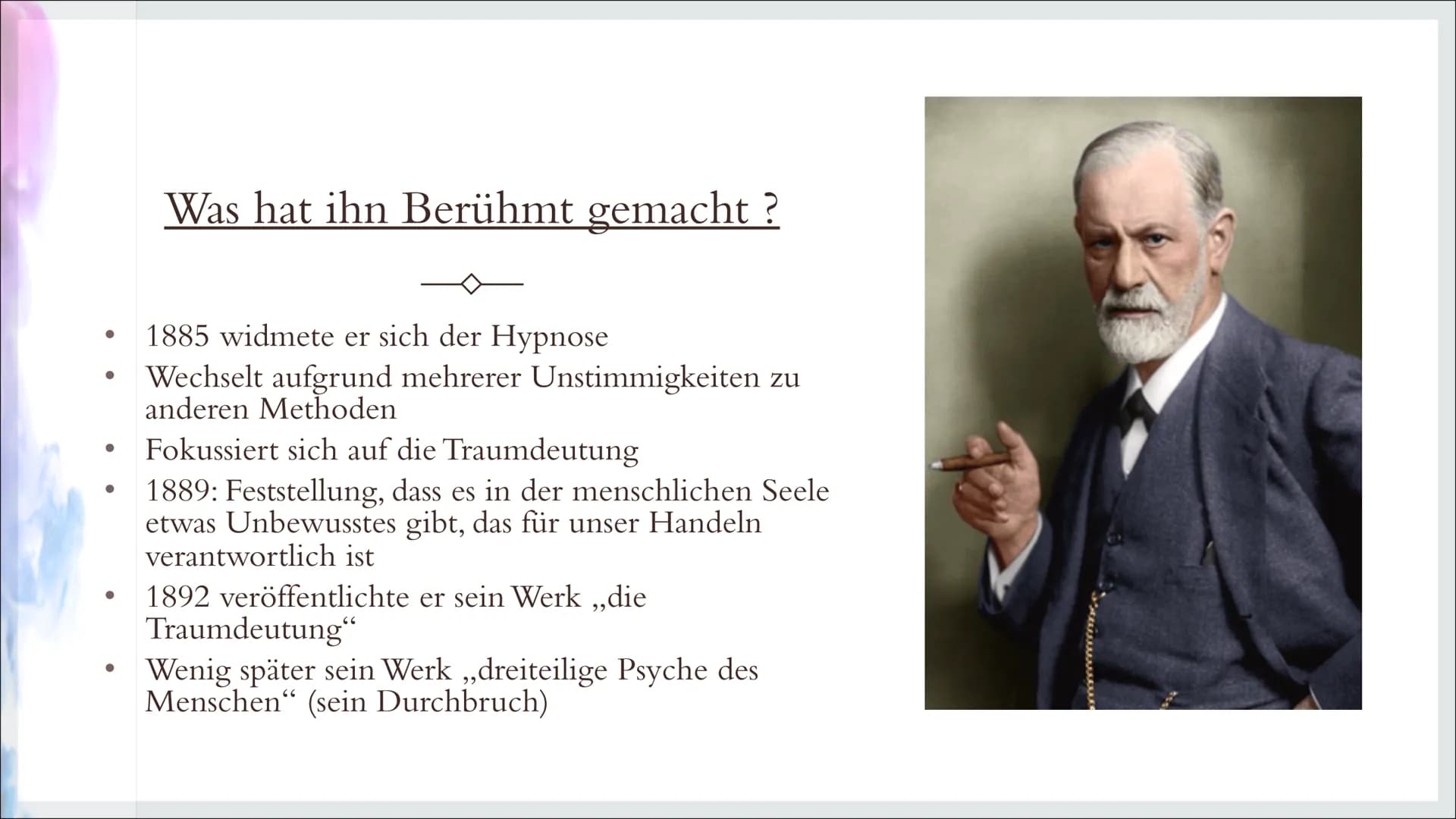 SIGMUND FREUD
Von Thalia Kramny
(Pädagogik) I. Kurzbiographie
a)
b)
c)
d)
2.
a)
b)
c)
Inhaltsverzeichnis
Wer war Sigmund Freud?
Kindheit und