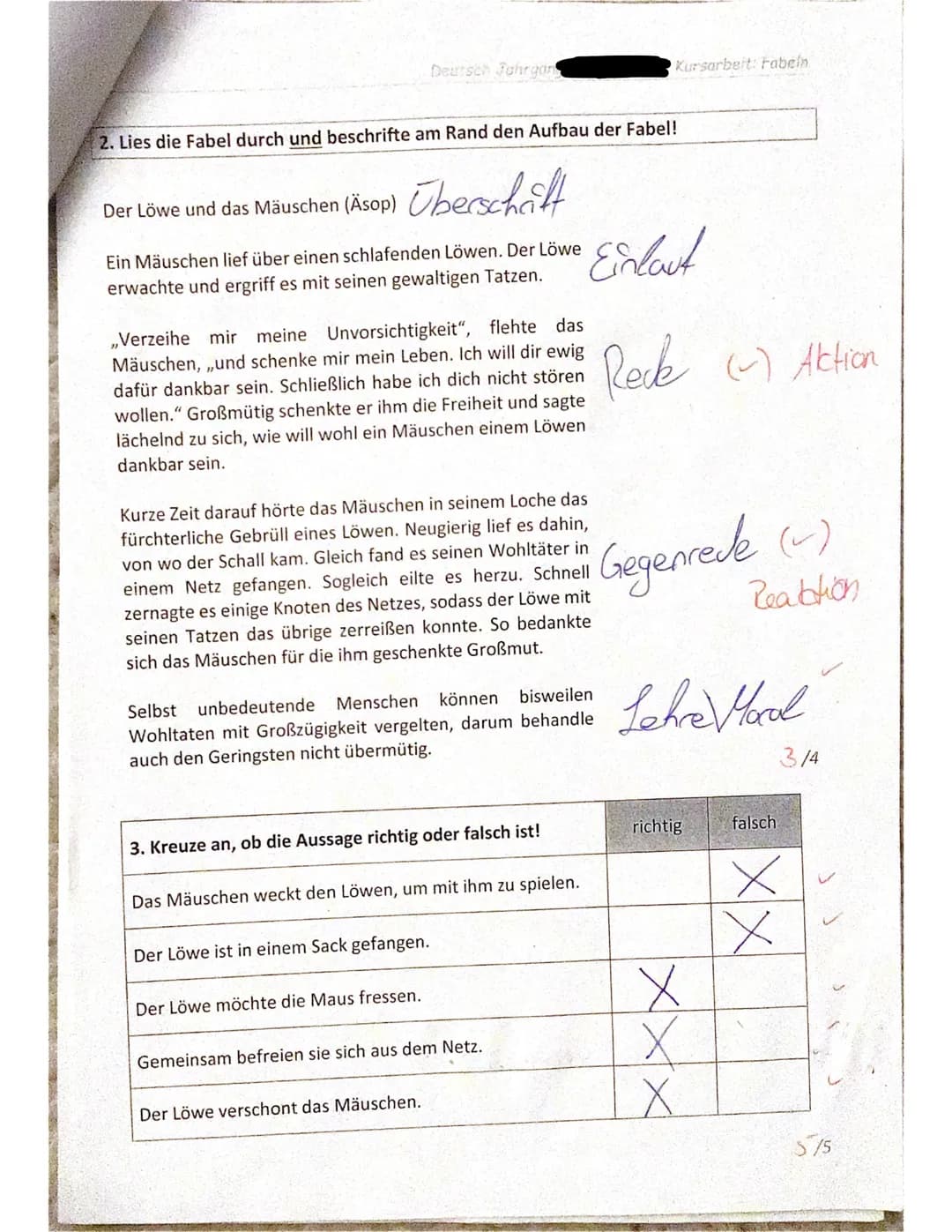 Name:
40/42 46
Inhalt:
(inkl. Wortwahl/Ausdruck)
R/Z/G:
3
(Fehler)
X
Kursarbeit Deutsch - Klasse 6c - Fabeln
Gesamt: .....
./4
*100/ 219 217