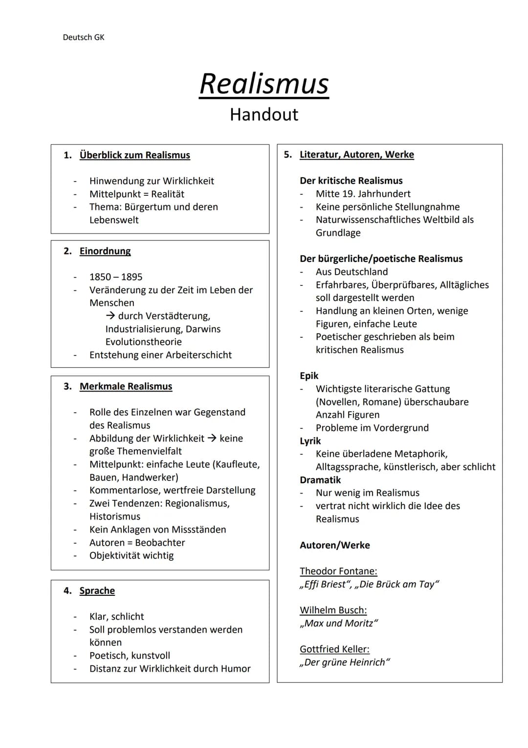 Deutsch GK
1. Überblick zum Realismus
Hinwendung zur Wirklichkeit
Mittelpunkt = Realität
Thema: Bürgertum und deren
Lebenswelt
2. Einordnung