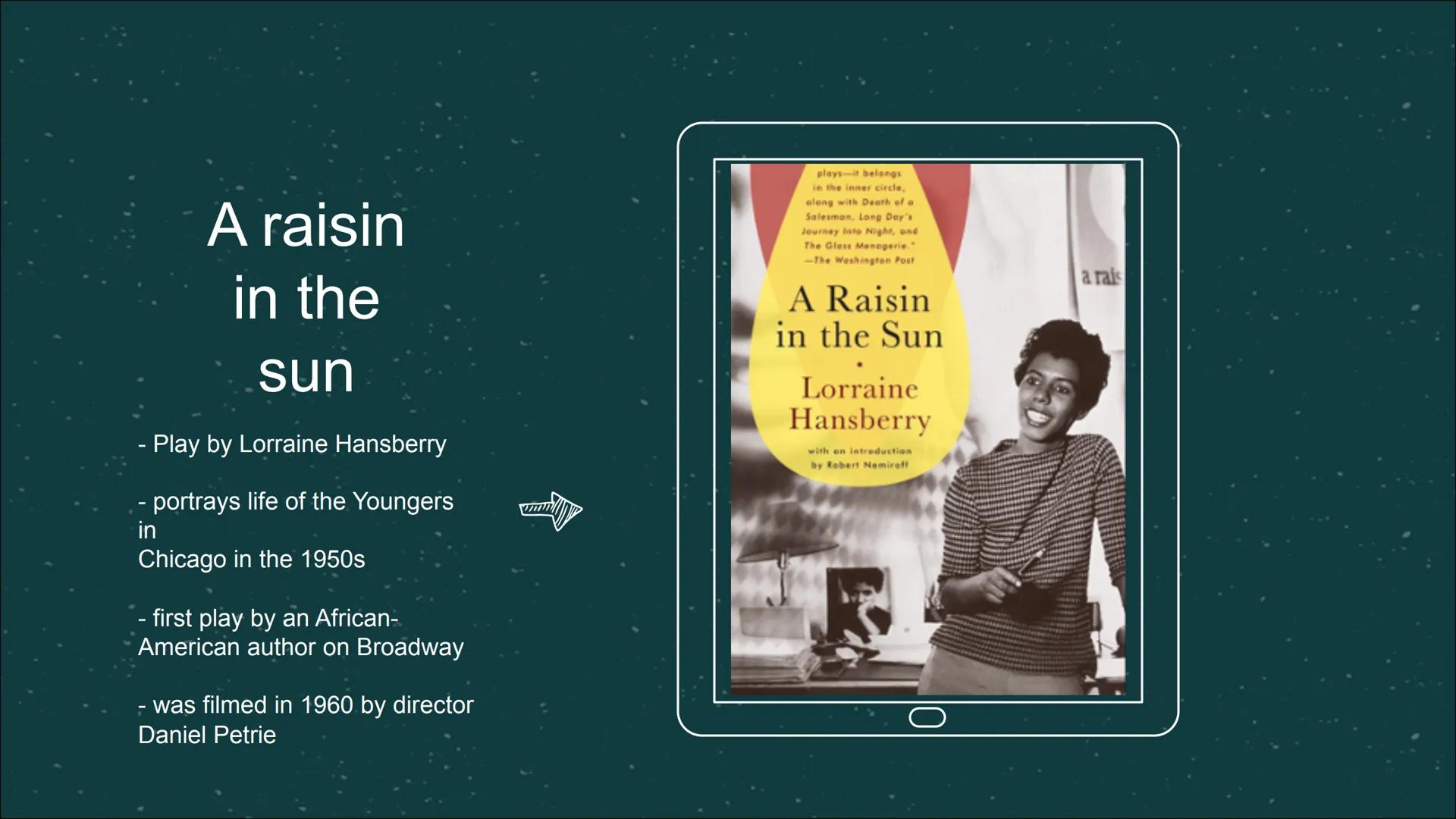 # A raisin
in the
sun

- Play by Lorraine Hansberry

- portrays life of the Youngers
in
Chicago in the 1950s

- first play by an African-
Am