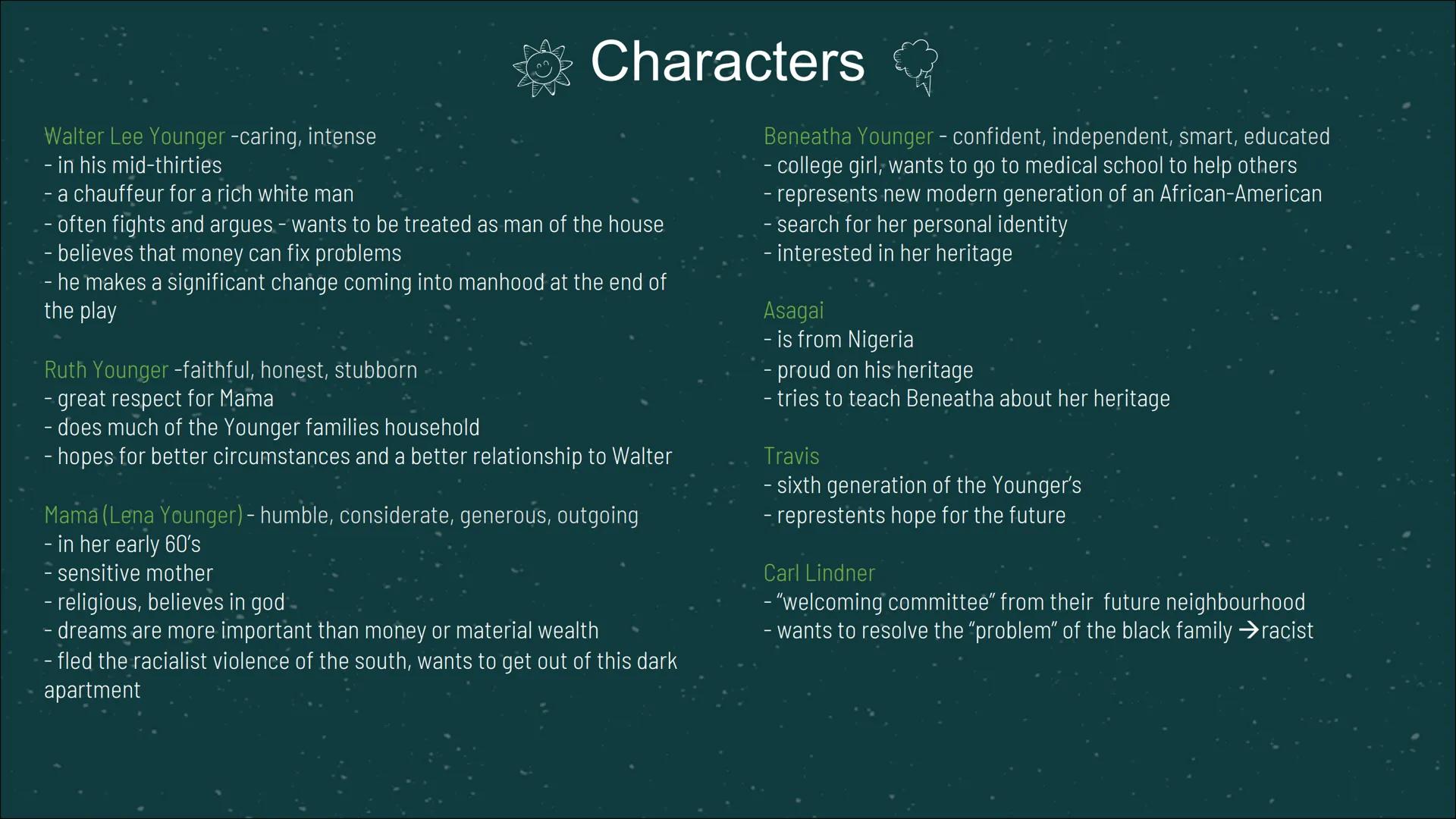 # A raisin
in the
sun

- Play by Lorraine Hansberry

- portrays life of the Youngers
in
Chicago in the 1950s

- first play by an African-
Am