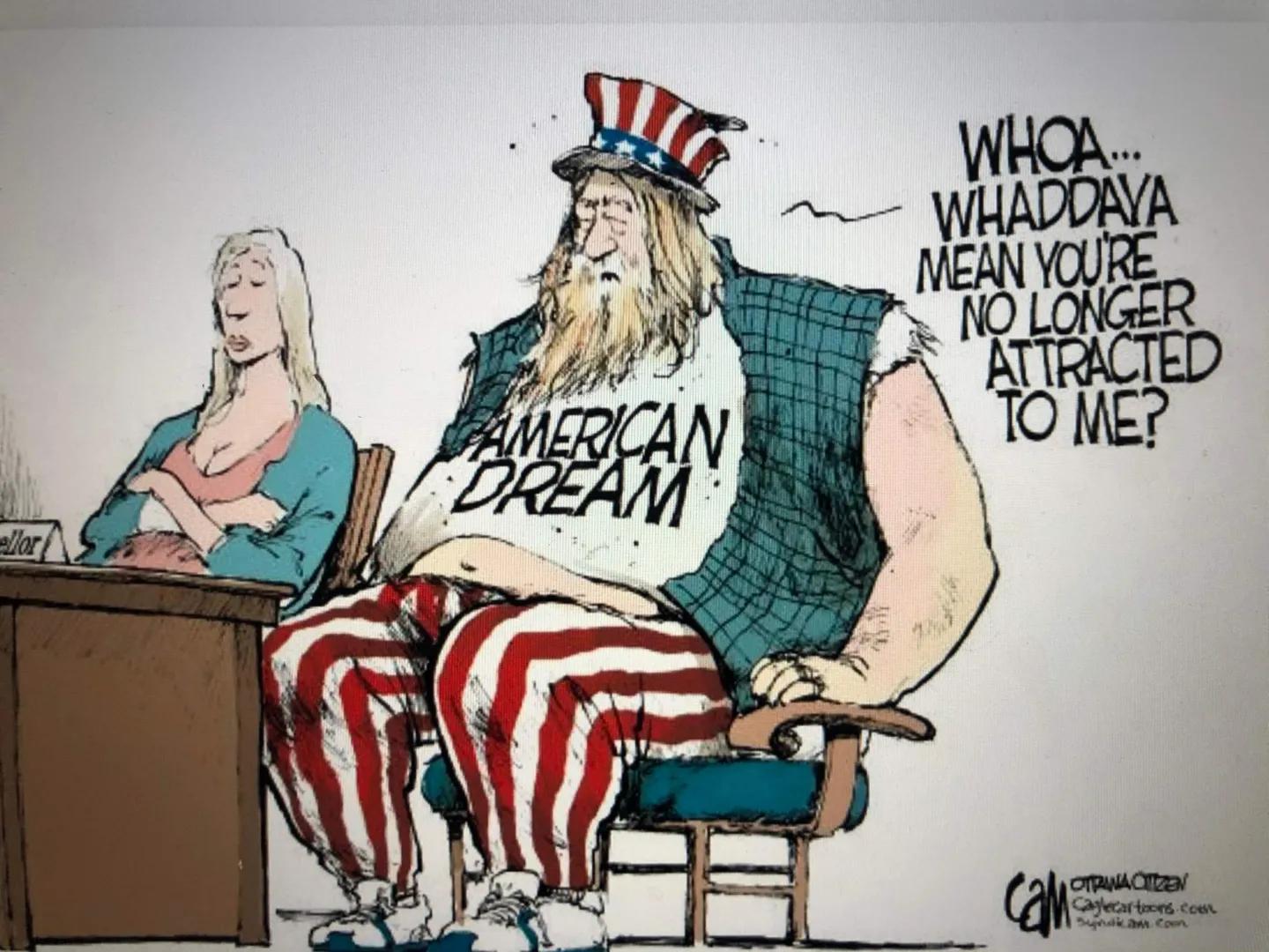 # Cartoon Analysis

The cartoon at hand deals with the topic of the changing perspective of the American dream.
CPR Editors designed it and 