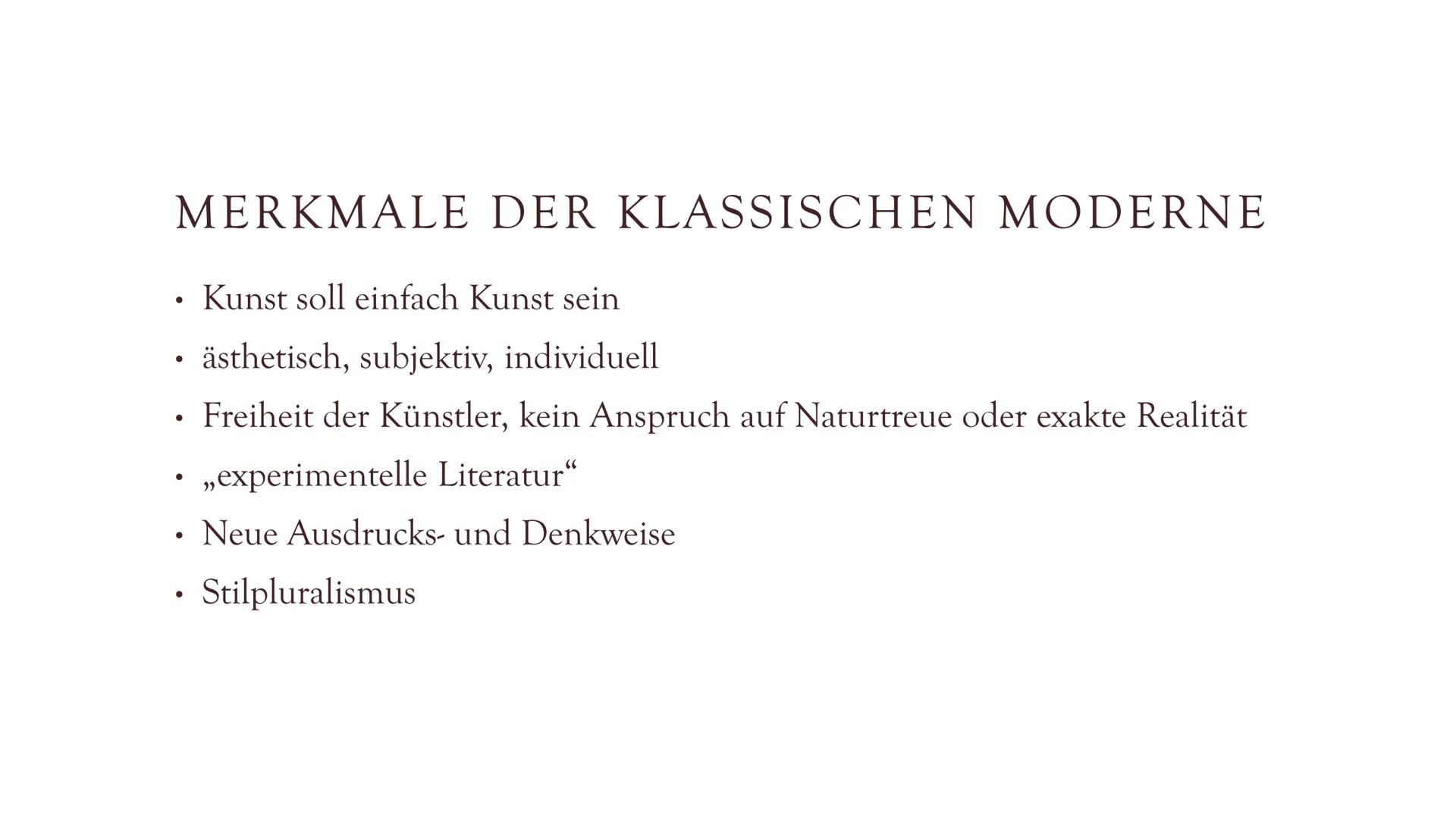 KLASSISCHE
MODERNE &
EXPRESSIONISMUS
1890-1925 MODERNE (1890-1920)
Neues Zeitalter für alle Künste (v.a. Literatur und Kunst)
Kunst = neue F