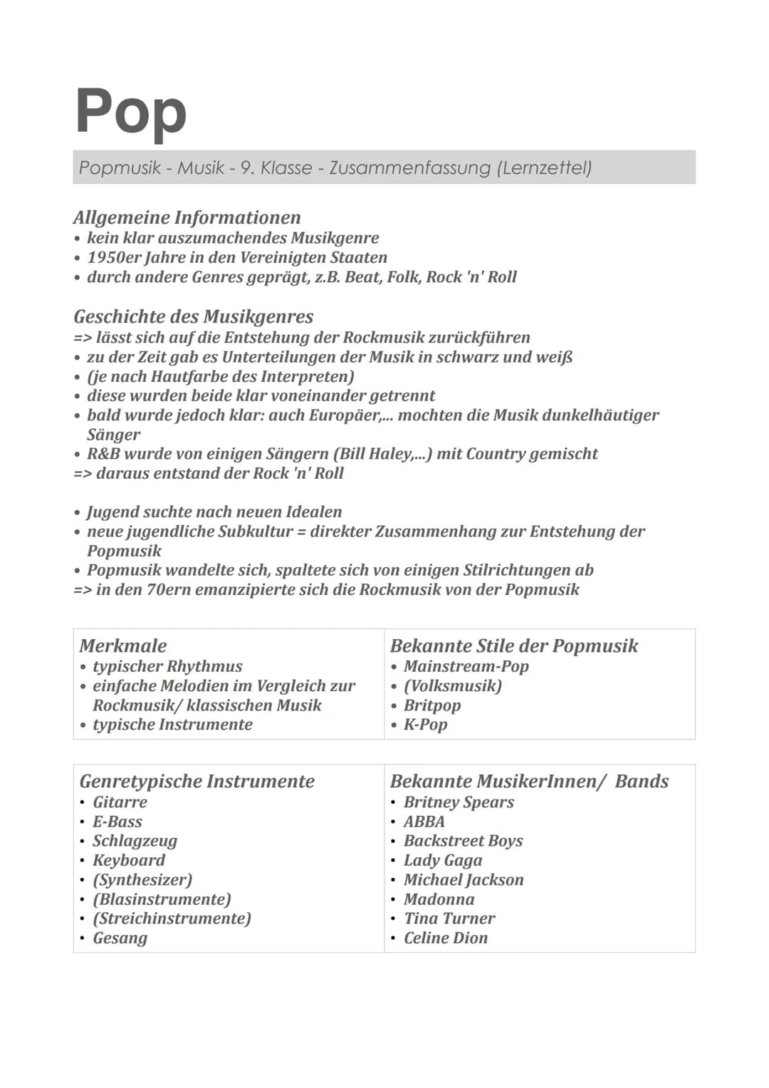 Rock
Rockmusik - Musik - 9. Klasse - Zusammenfassung (Lernzettel)
Allgemeine Informationen
weltweit verbreitetes, populäres & eigenständiges