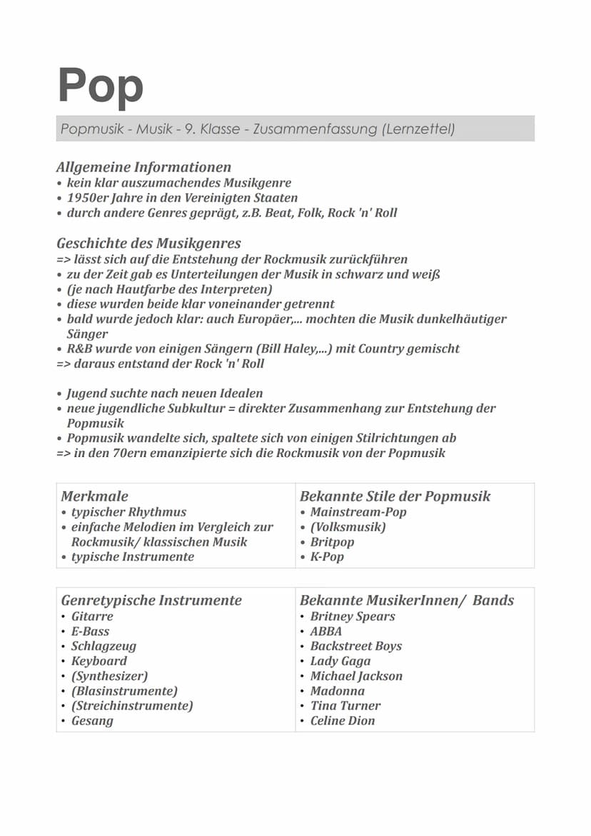 Rock
Rockmusik - Musik - 9. Klasse - Zusammenfassung (Lernzettel)
Allgemeine Informationen
weltweit verbreitetes, populäres & eigenständiges