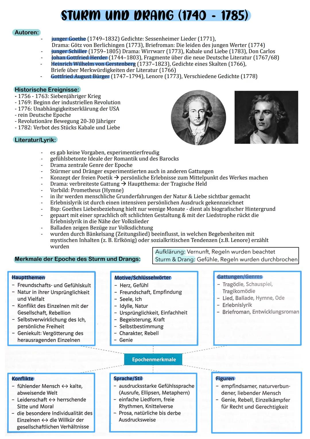 # STURM UND DRANG (1740 - 1785)

Autoren:

- junger Goethe (1749-1832) Gedichte: Sessenheimer Lieder (1771),
Drama: Götz von Berlichingen (1