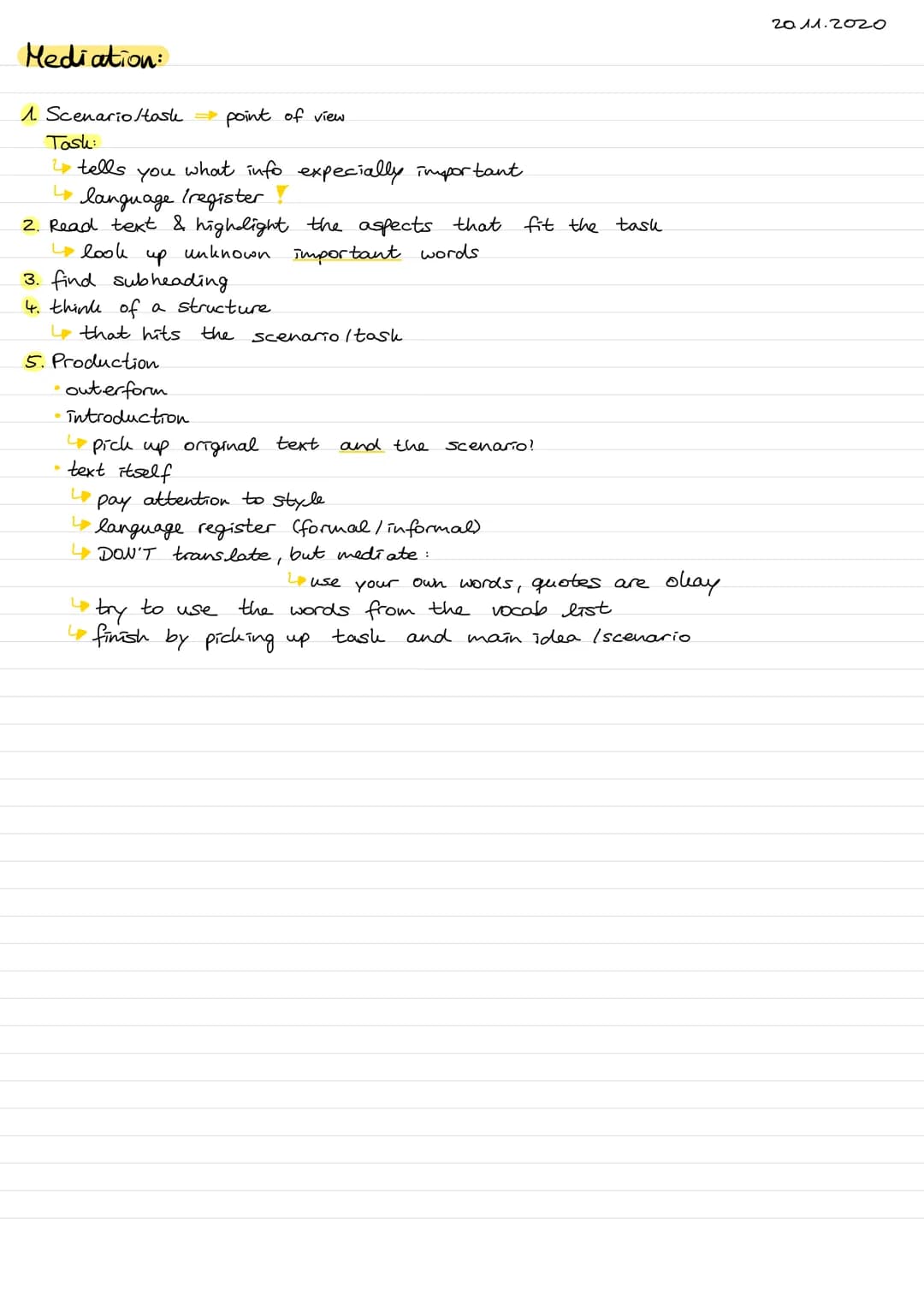 Mediation:
1. Scenario/task →
Task:
4 tells
L
point of view
you
language Tregister
2. Read text & highlight the aspects that fit the task
и 