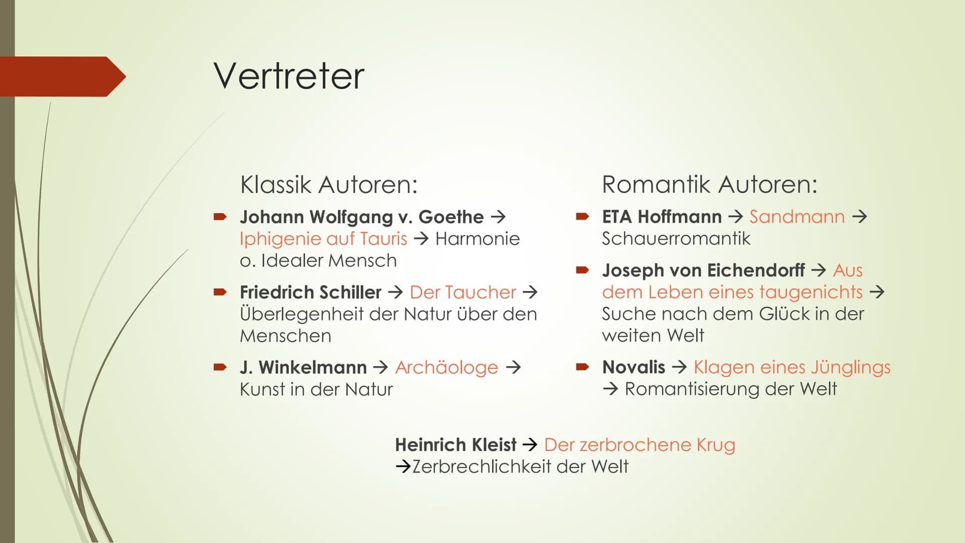 Zwischen Klassik und
Romantik Inhaltsverzeichnis:
► Epoche + Zeitraum
➡ Vertreter
➡ Heinrich Kleist
➡ Der zerbrochene Krug
➡ Le juge ou la c