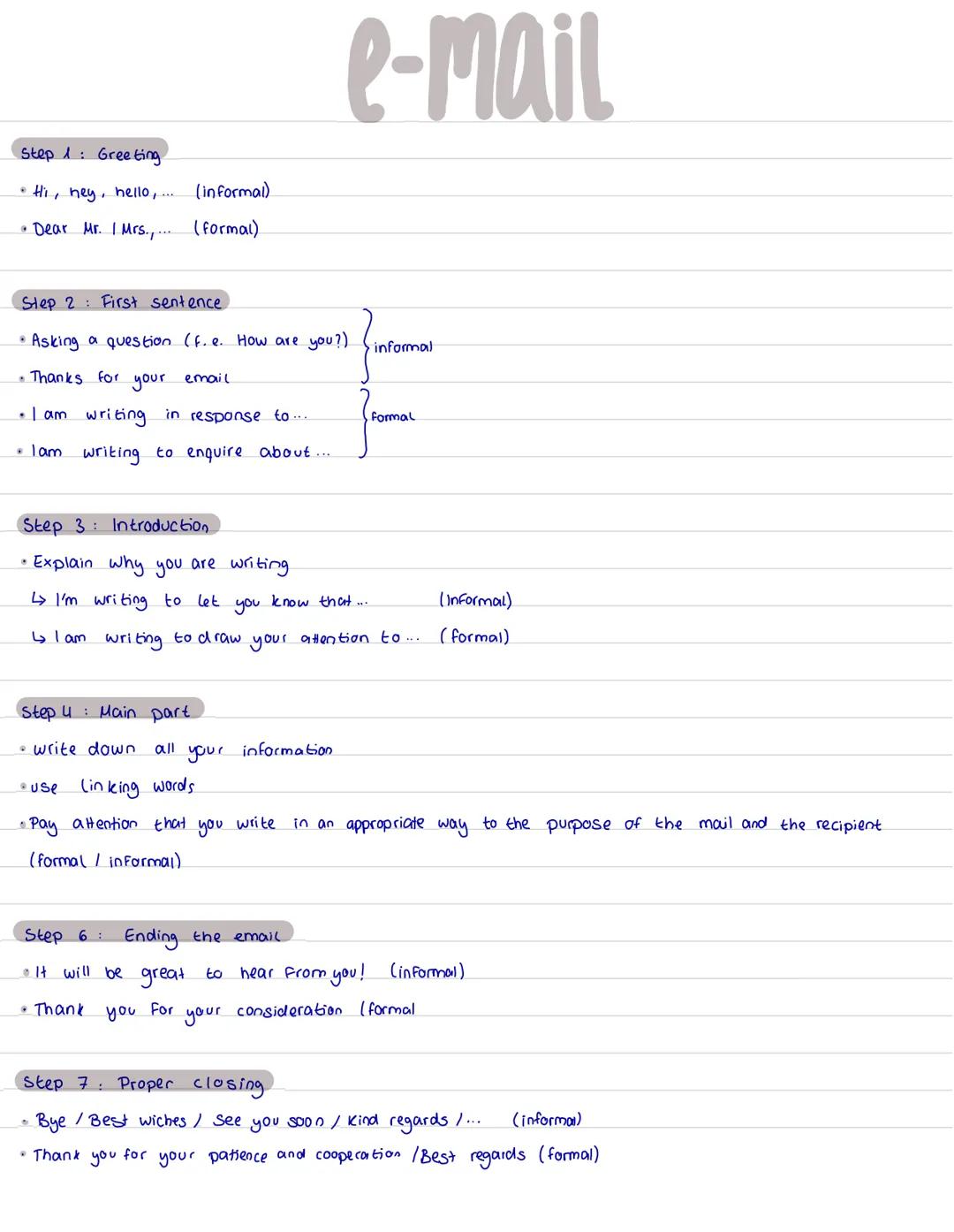 Step 1: Greeting
• Hi, hey, hello,...
(informal)
• Dear Mr. I Mrs.,... (formal)
e-mail
Step 2: First sentence.
• Asking a question (f. e. Ho