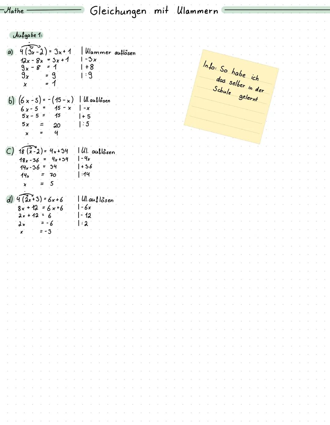 -Mathe
Aufgabe 1:
a) 4 (3x-2
= 3x + 1
12x8x = 3x + 1
9x8 = 1
9x
g
X
=
X
=
6) (6x-5)=(15-x) | Ul. auflösen
6x-5 =
|-x
5x - 5 =
5x
15 - x
15
2