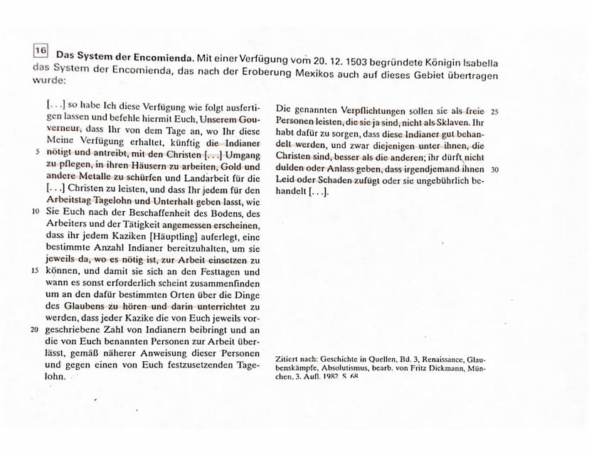 KLAUSUR
mit den
Das System der Encomienda - Vorstellung und Hauptaussagen einer Quelle
Bei der mir vorliegenden Quelle handelt es sich um ei