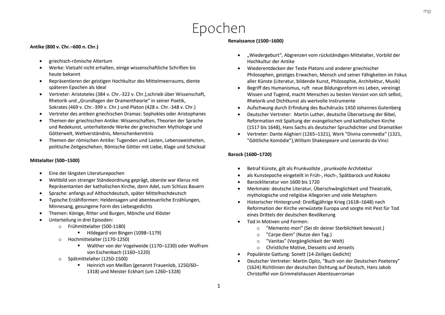 Epochen
Renaissance (1500-1600)
Antike (800 v. Chr.-600 n. Chr.)
•
•
•
•
•
griechisch-römische Altertum
Werke: Vielzahl nicht erhalten, eini