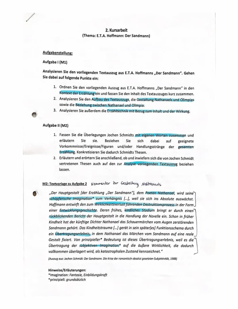 2. Kursarbeit / Bewertungsbogen
(Thema: E.T.A. Hoffmann: Der Sandmann)
Inhaltliche Leistung
Aufgabe I
Der Schüler / Die Schülerin...
formuli