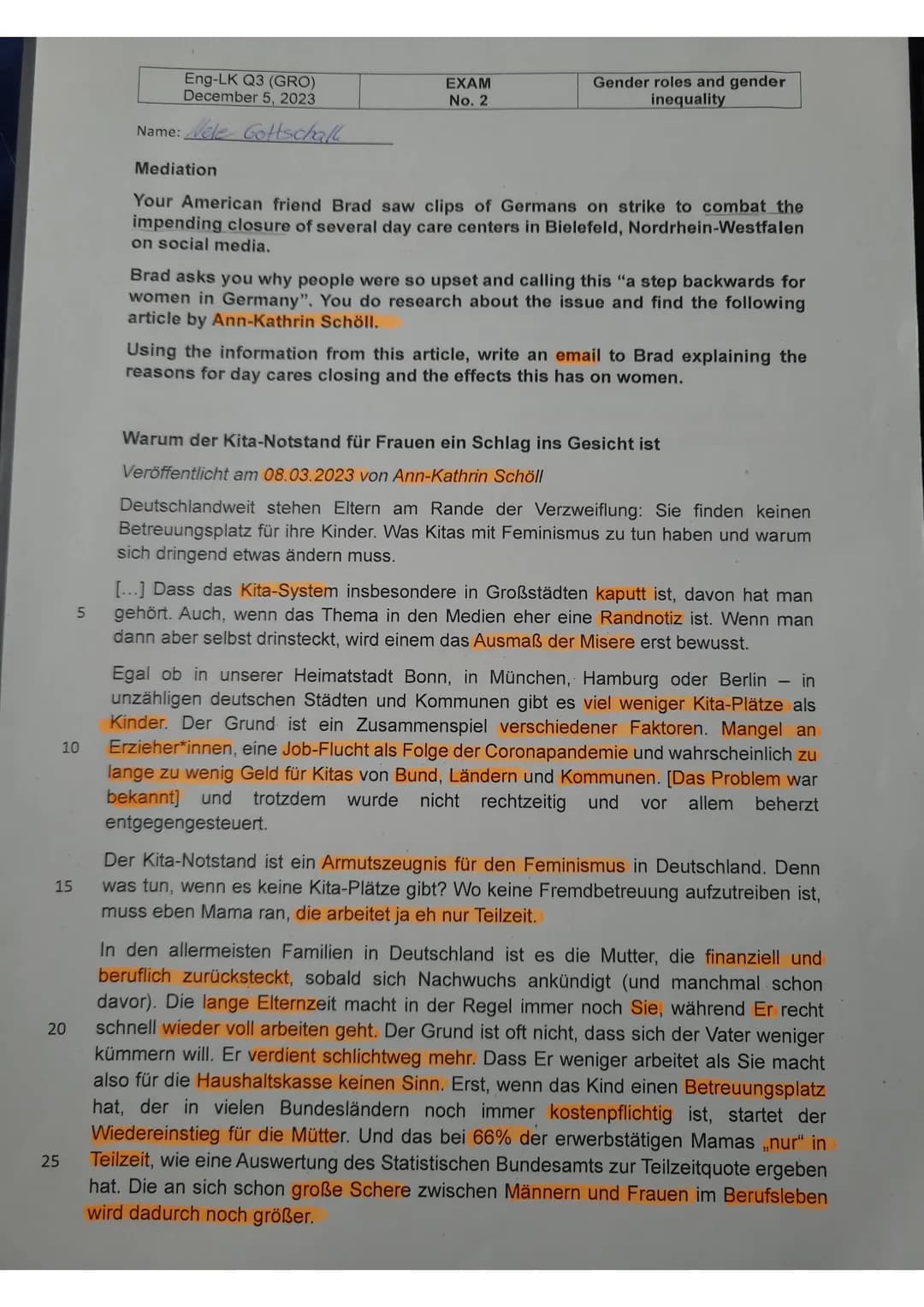 Eng-LK Q3 (GRO)
EXAM
December 5, 2023
No. 2
Gender roles and gender
inequality
10
15
20
25
25
5
Name: Nele Gottschall
Mediation
Your America