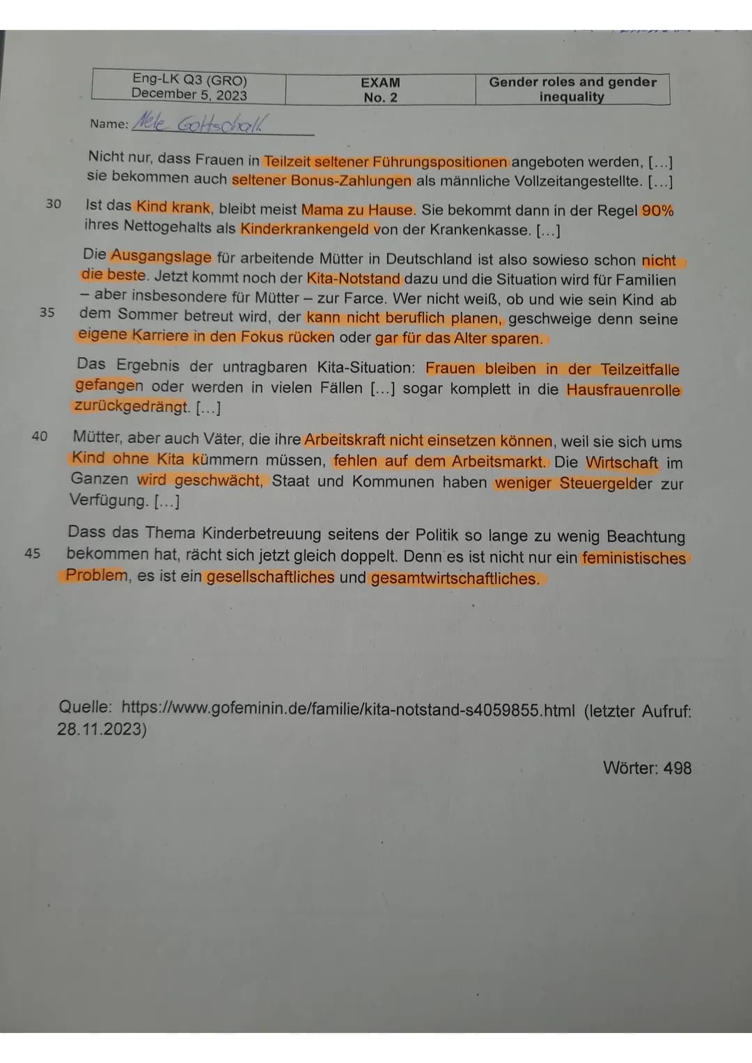 Eng-LK Q3 (GRO)
EXAM
December 5, 2023
No. 2
Gender roles and gender
inequality
10
15
20
25
25
5
Name: Nele Gottschall
Mediation
Your America