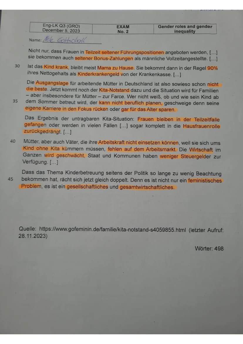Eng-LK Q3 (GRO)
EXAM
December 5, 2023
No. 2
Gender roles and gender
inequality
10
15
20
25
25
5
Name: Nele Gottschall
Mediation
Your America