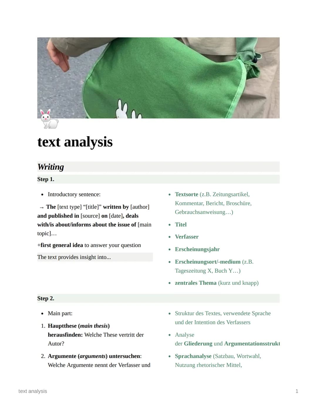 text analysis
Writing
Step 1.
• Introductory sentence:
→ The [text type] "[title]" written by [author]
and published in [source] on [date], 