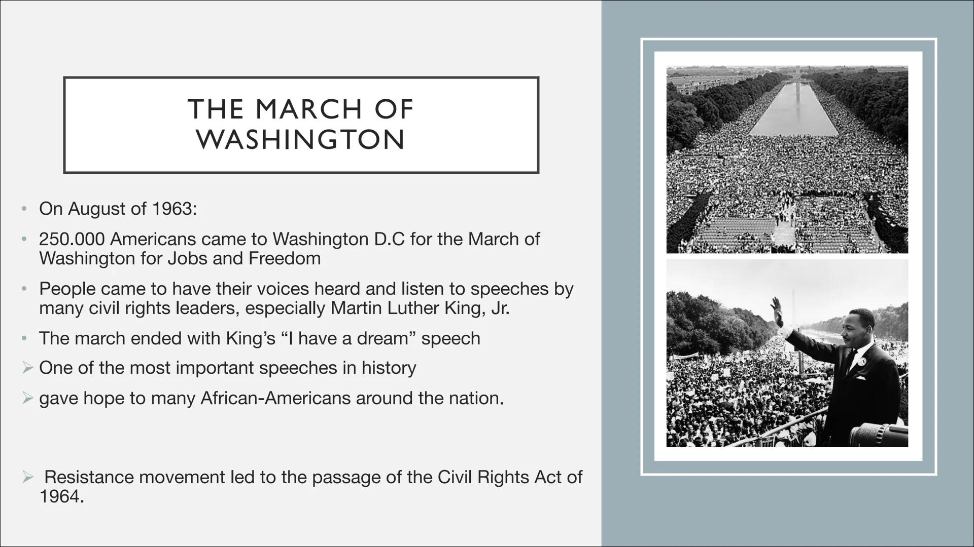 THE CIVIL RIGHTS MOVEMENT ●
●
2. Historical background (Jim Crow Laws)
3. Events from the movement
• 3.1 Rosa Parks and the Montgomery Bus B