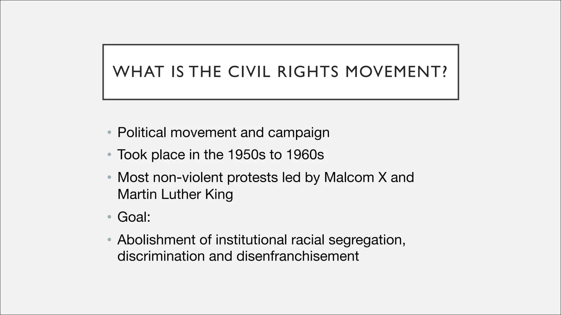 THE CIVIL RIGHTS MOVEMENT ●
●
2. Historical background (Jim Crow Laws)
3. Events from the movement
• 3.1 Rosa Parks and the Montgomery Bus B