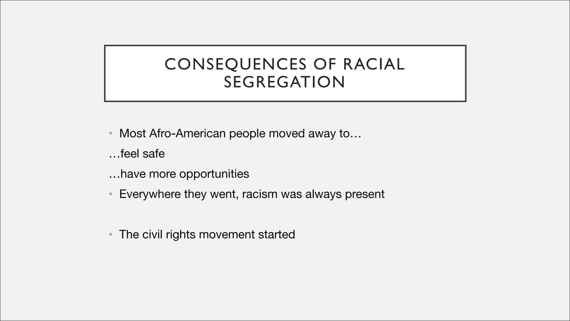 THE CIVIL RIGHTS MOVEMENT ●
●
2. Historical background (Jim Crow Laws)
3. Events from the movement
• 3.1 Rosa Parks and the Montgomery Bus B