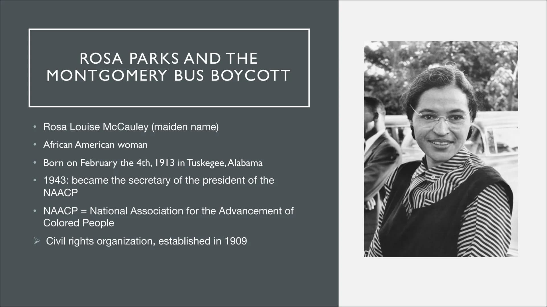 THE CIVIL RIGHTS MOVEMENT ●
●
2. Historical background (Jim Crow Laws)
3. Events from the movement
• 3.1 Rosa Parks and the Montgomery Bus B