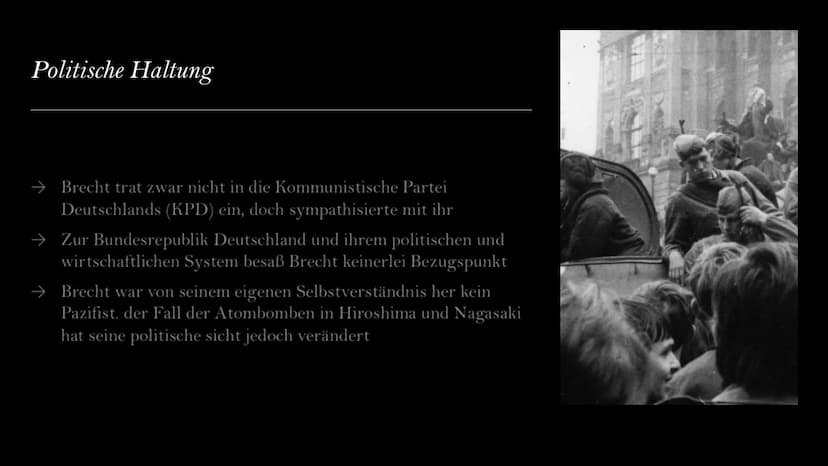 Bertolt Brecht
Von Laila, Selin, Sara Gliederung
→ Biografie
→ Werke
→ Themen
⇒ Allgemeine Informationen
→ Politische Einstellung
←
Lebensst