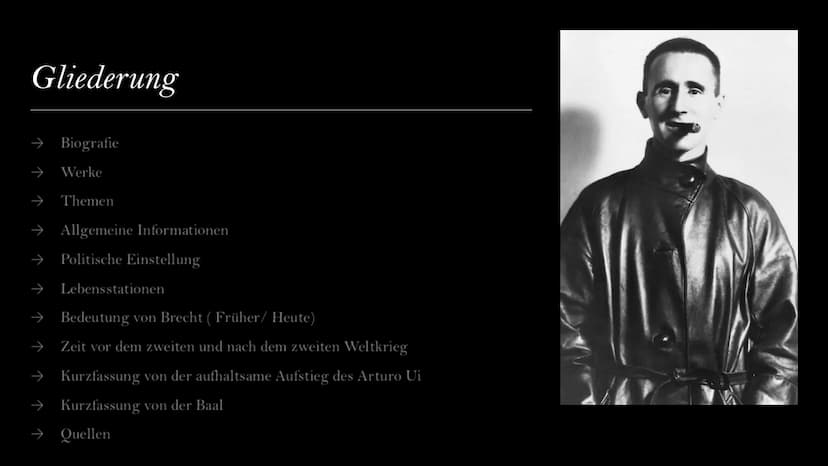 Bertolt Brecht
Von Laila, Selin, Sara Gliederung
→ Biografie
→ Werke
→ Themen
⇒ Allgemeine Informationen
→ Politische Einstellung
←
Lebensst