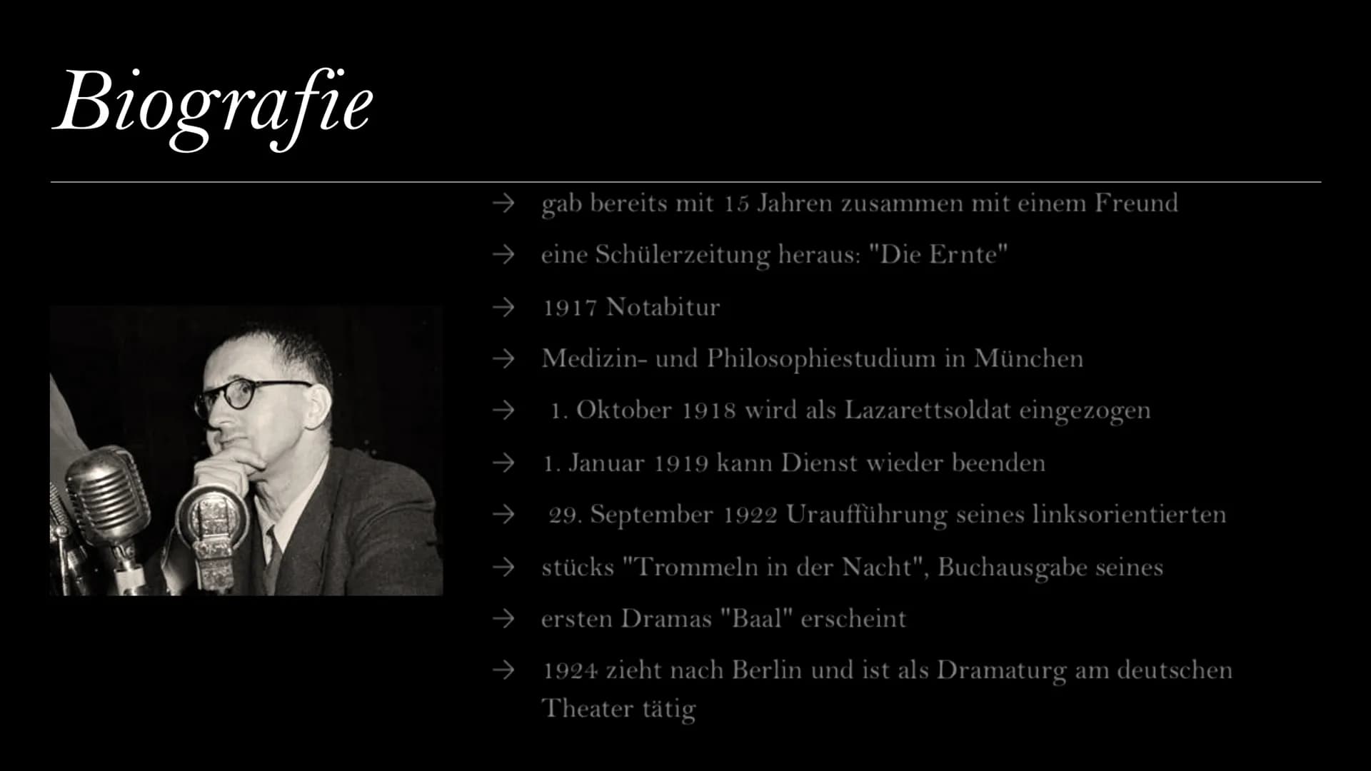Bertolt Brecht
Von Laila, Selin, Sara Gliederung
→ Biografie
→ Werke
→ Themen
⇒ Allgemeine Informationen
→ Politische Einstellung
←
Lebensst