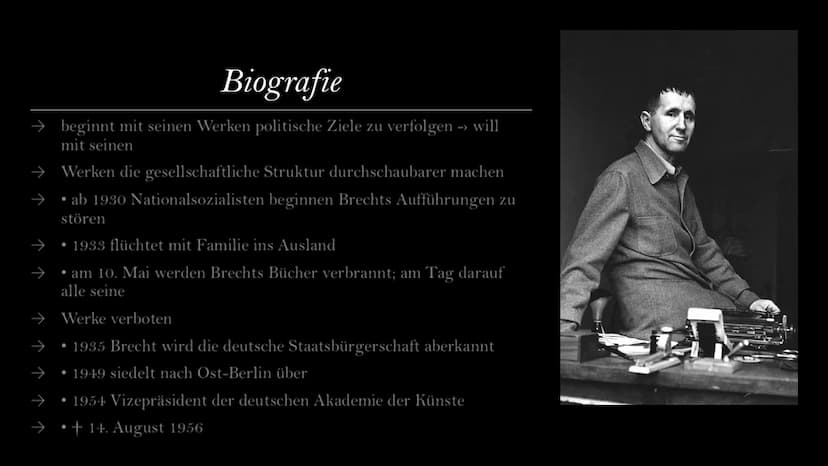 Bertolt Brecht
Von Laila, Selin, Sara Gliederung
→ Biografie
→ Werke
→ Themen
⇒ Allgemeine Informationen
→ Politische Einstellung
←
Lebensst