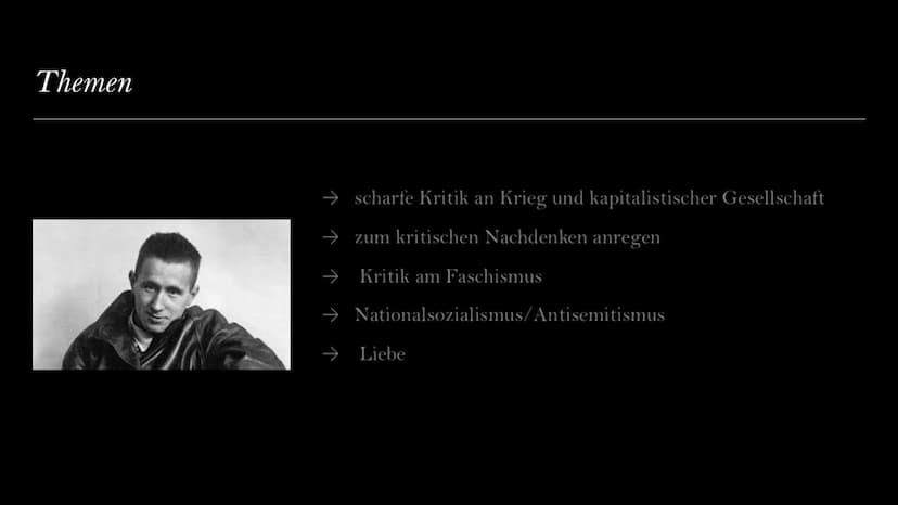 Bertolt Brecht
Von Laila, Selin, Sara Gliederung
→ Biografie
→ Werke
→ Themen
⇒ Allgemeine Informationen
→ Politische Einstellung
←
Lebensst