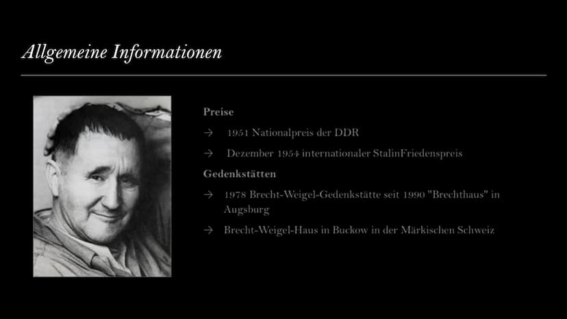 Bertolt Brecht
Von Laila, Selin, Sara Gliederung
→ Biografie
→ Werke
→ Themen
⇒ Allgemeine Informationen
→ Politische Einstellung
←
Lebensst