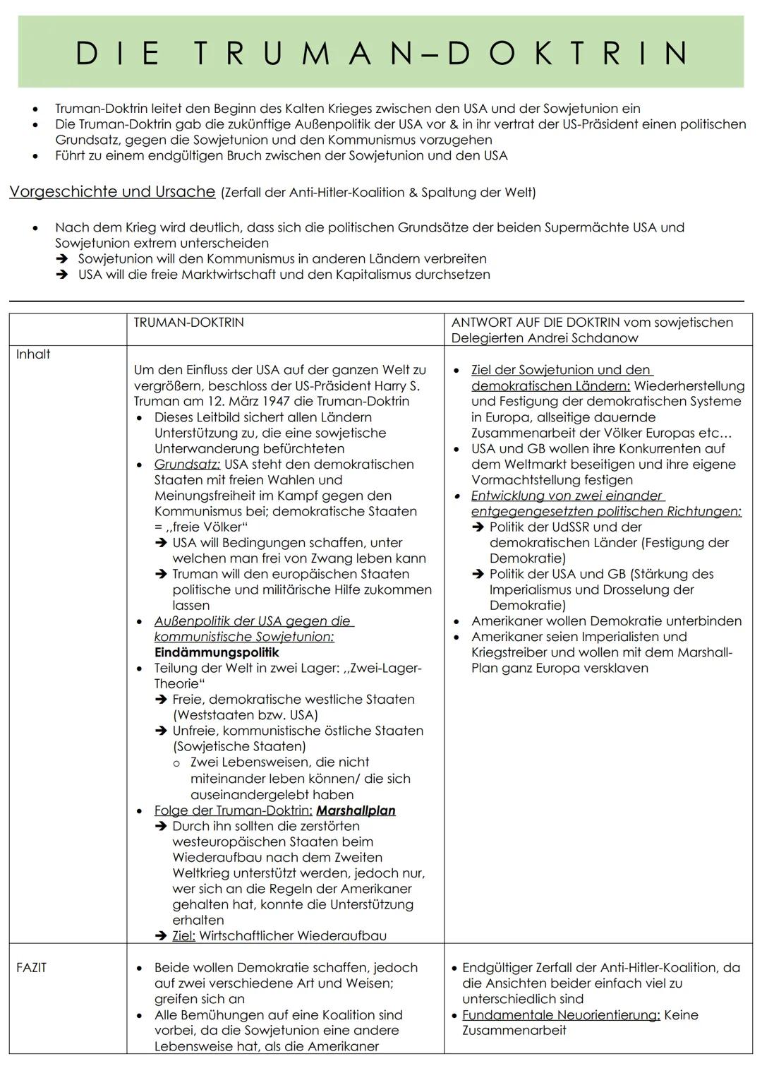 •
•
•
DIE TRUMAN-DOKTRIN
Truman-Doktrin leitet den Beginn des Kalten Krieges zwischen den USA und der Sowjetunion ein
Die Truman-Doktrin gab